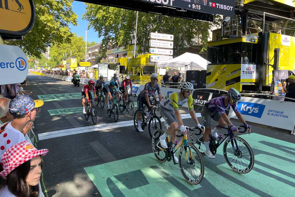 Riders crossing stage Finish at Tour de France