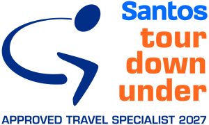Santos Tour Down Under logo with a blue abstract cyclist and bold blue/orange text: 'Santos tour down under' and 'APPROVED TRAVEL SPECIALIST 2027' at the bottom.