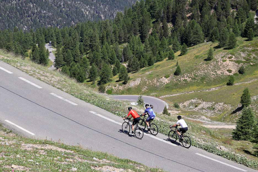 Three cyclists wearing helmets ride uphill on a winding mountain road through a grassy, forested hillside.