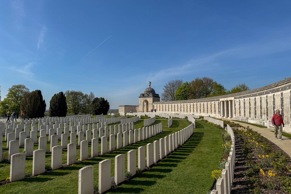 Rows of white headstones at Tyne Cot Commonwealth War Cemetery in Belgium.