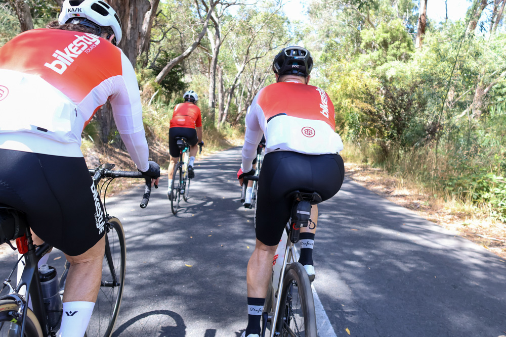 Three cyclists ride from behind on a shaded, tree-lined road wearing red-and-white team jerseys.