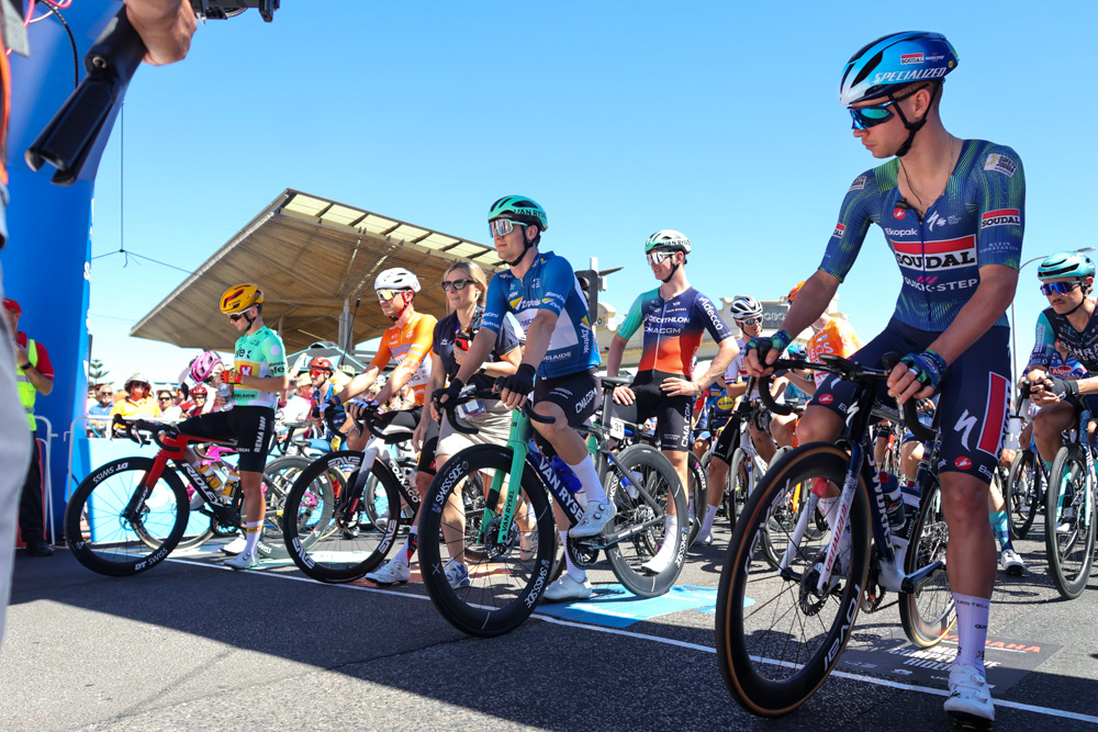 Professional cyclists lined up at the Santos Tour Down Under start area