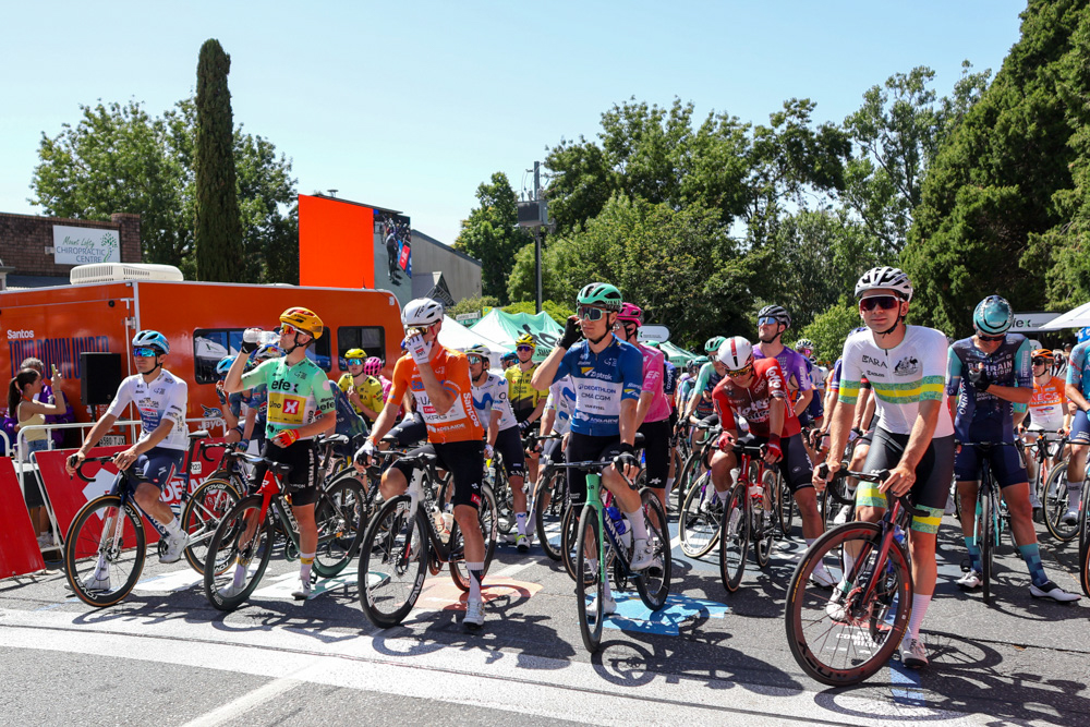Professional cyclists lined up at the Santos Tour Down Under start area