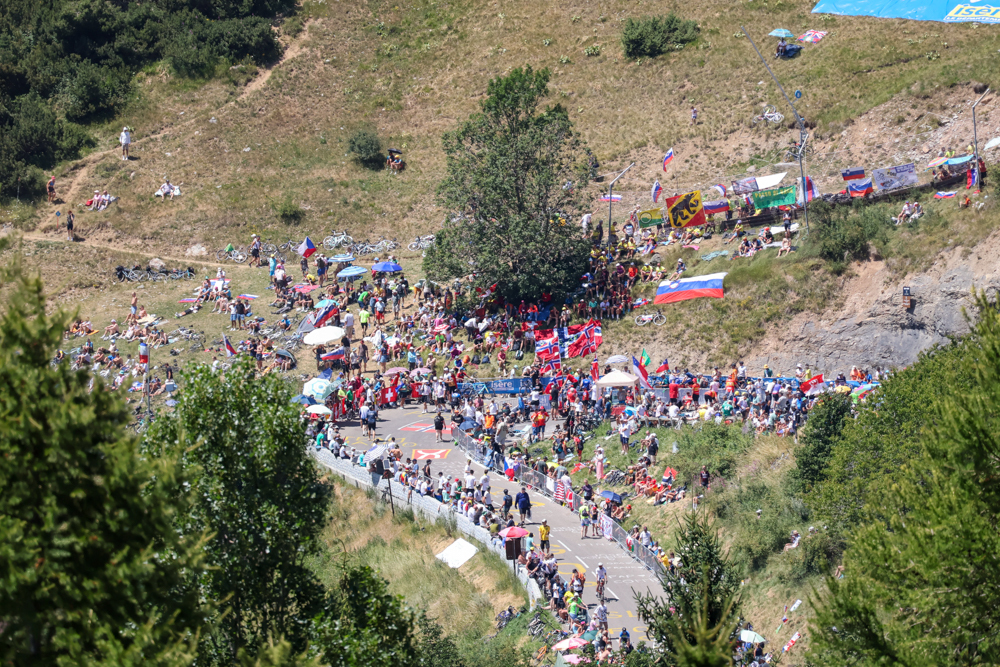 Tour de France spectators lining the road on Alpe d'Huez