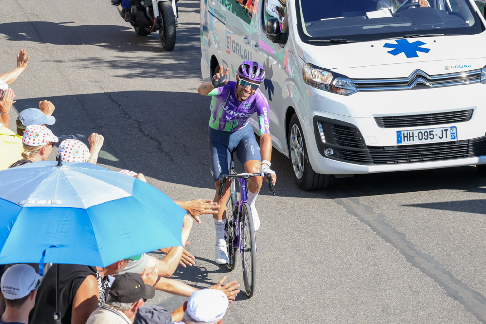 Elevated spectator view of the Tour de France on Alpe d'Huez